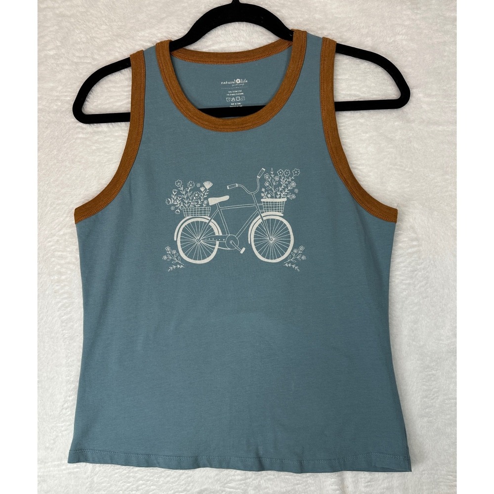Natural Life Bicycle Ringer Tank Top Womens Large Blue Brown Floral Graphic